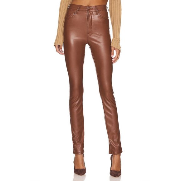 MOTHER High Waisted Rail Skimp Pants Friar Brown Faux Leather